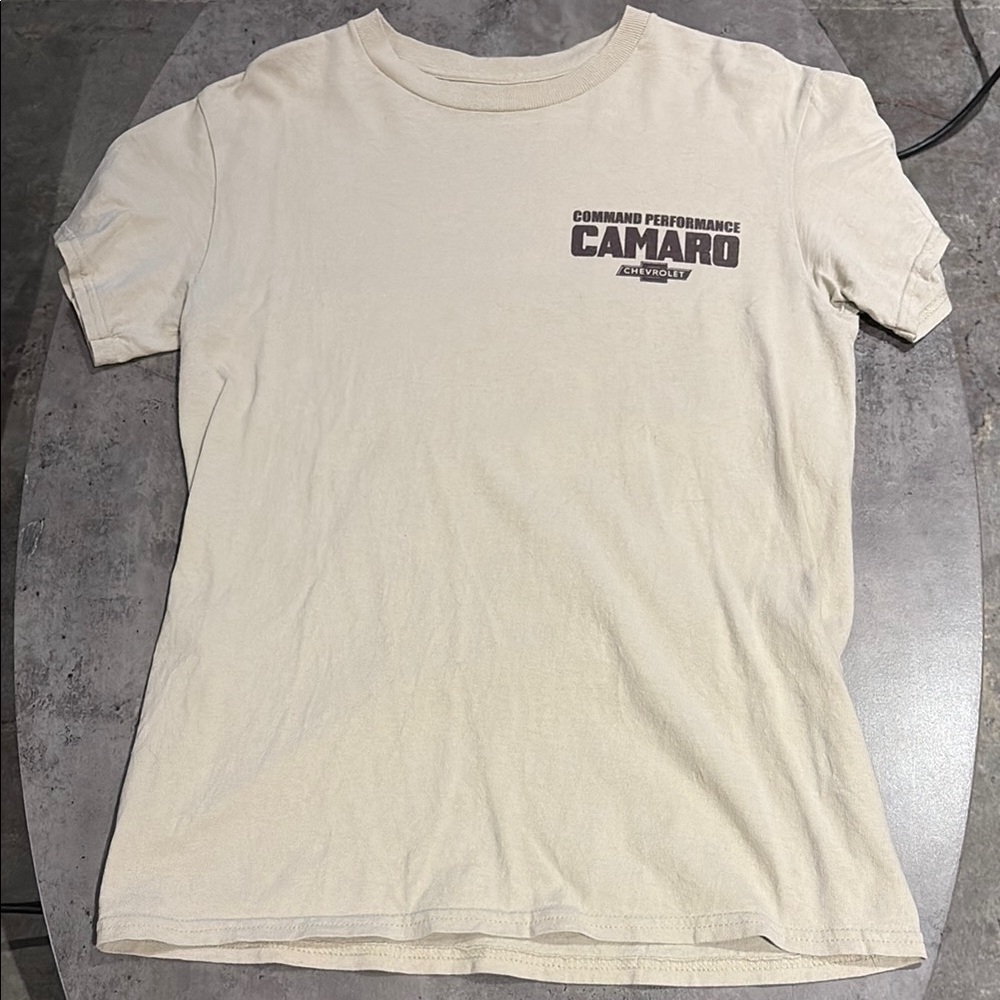 Cream Tee with Camaro Graphic Short Sleeves
